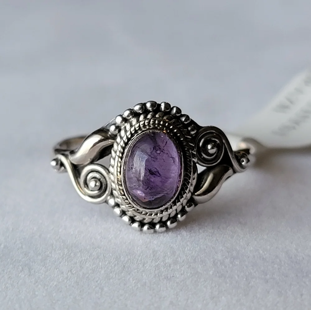 Amethyst Sterling Silver Dahlia Ring Oval Cabochon Filigree Crystal Gemstone